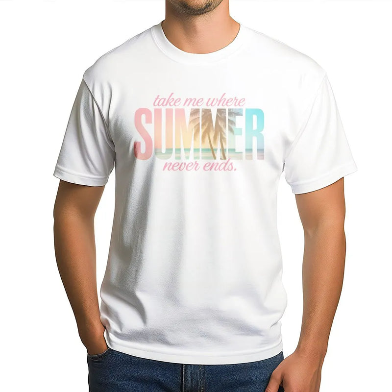 Summer Never Ends T-Shirt | Coastal Aesthetic Palm Tree Graphic | Premium Cotton Blend | Gift for Beach Lover