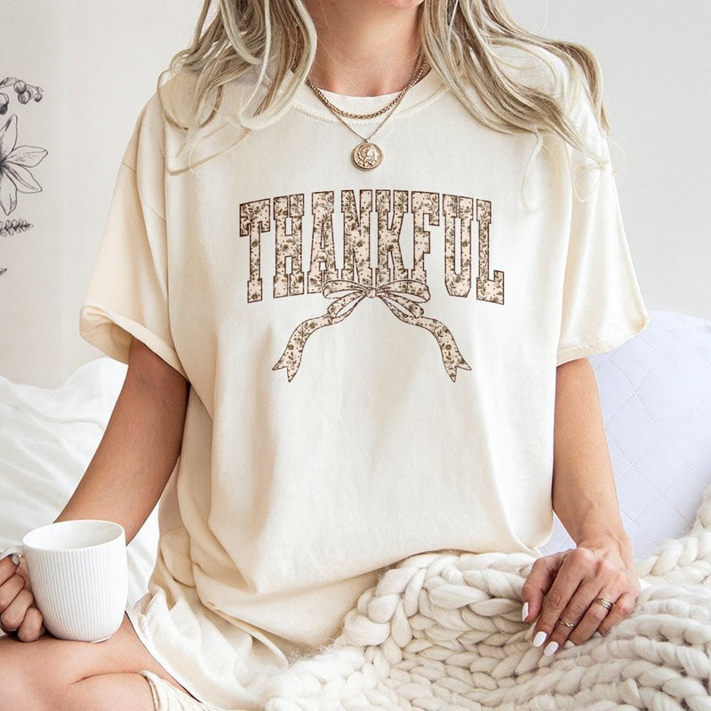 Thankful T-Shirt | Floral Coquette Bow Graphic | 100% Cotton Premium Tee | Thanksgiving Fall Gift for Women