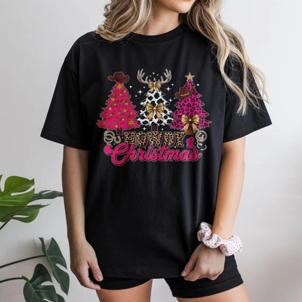 Howdy Christmas T-Shirt | Cowgirl Western Holiday Trees | Premium Soft Cotton Tee | Cute Country Gift for Her