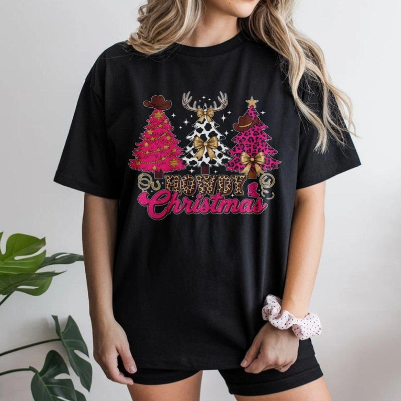 Howdy Christmas T-Shirt | Cowgirl Western Holiday Trees | Premium Soft Cotton Tee | Cute Country Gift for Her