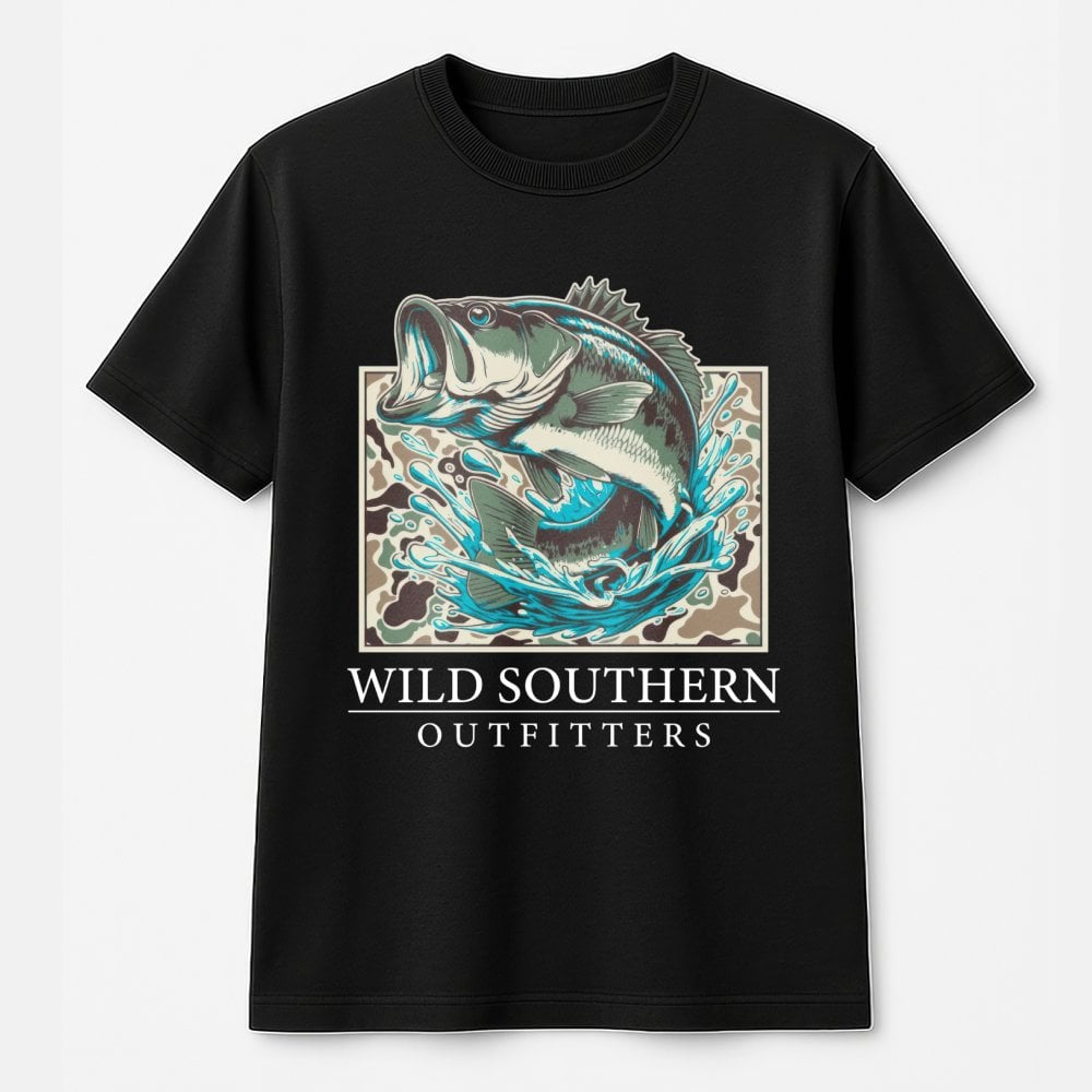 Bass Fishing T-Shirt | Camo Graphic Print | 100% Cotton Premium Tee | Outdoor Enthusiast Gift For Anglers