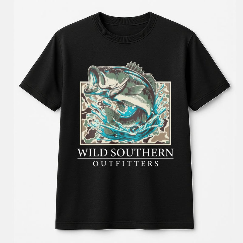 Bass Fishing T-Shirt | Camo Graphic Print | 100% Cotton Premium Tee | Outdoor Enthusiast Gift For Anglers