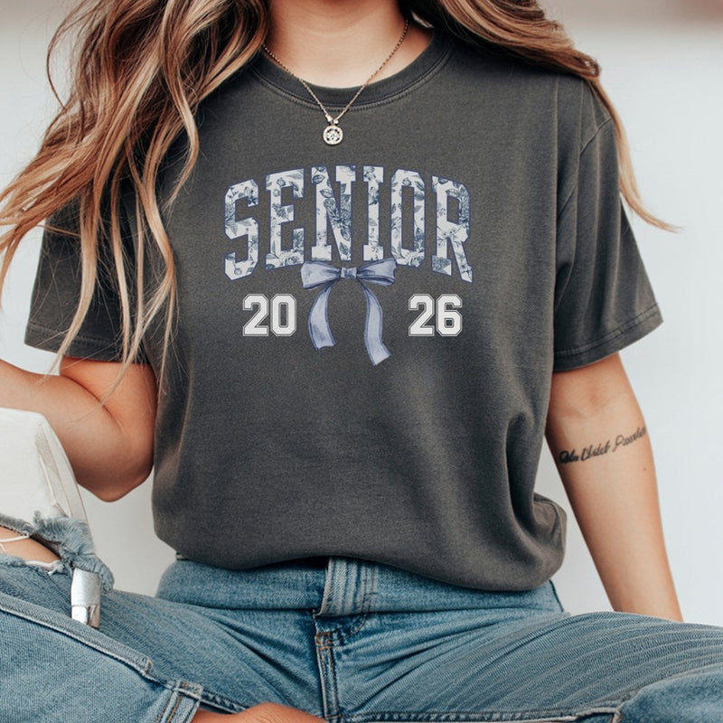 Senior 2026 T-Shirt | Blue Toile Bow Aesthetic Graphic | 100% Cotton Premium Tee | Graduation Gift For Her
