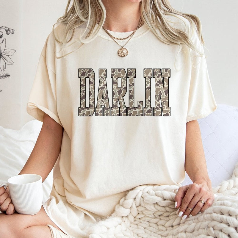 Darlin T-Shirt | Camo Letter Graphic Design | 100% Premium Cotton Tee | Western Aesthetic Gift For Her