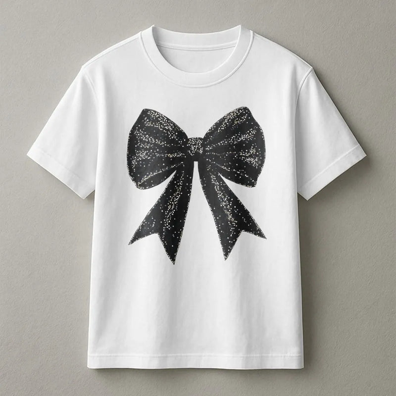 Coquette Bow T-Shirt | Sparkle Black Ribbon Graphic | Premium Soft Cotton Tee | Trendy Aesthetic Gift for Her