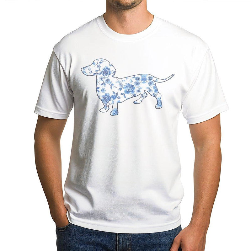 Dachshund T-Shirt | Blue Toile Floral Dog Graphic | Premium 100% Cotton | Gift for Doxie Mom and Dog Lovers
