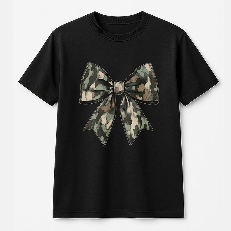 Camo Bow T-Shirt | Camouflage Ribbon Graphic Design | Premium Soft Cotton Tee | Country Style Gift for Women