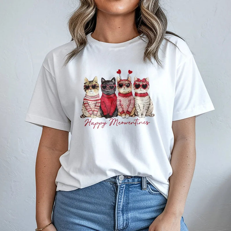 Valentine Cat T-Shirt | Happy Meowentines Graphic | Soft Cotton Premium Tee | Cute Animal Gift for Cat Lovers