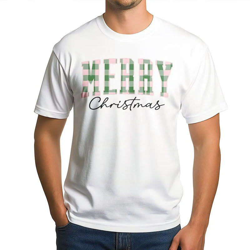 Merry Christmas T-Shirt | Pastel Buffalo Plaid Design | Premium Soft Cotton | Festive Holiday Gift for Family