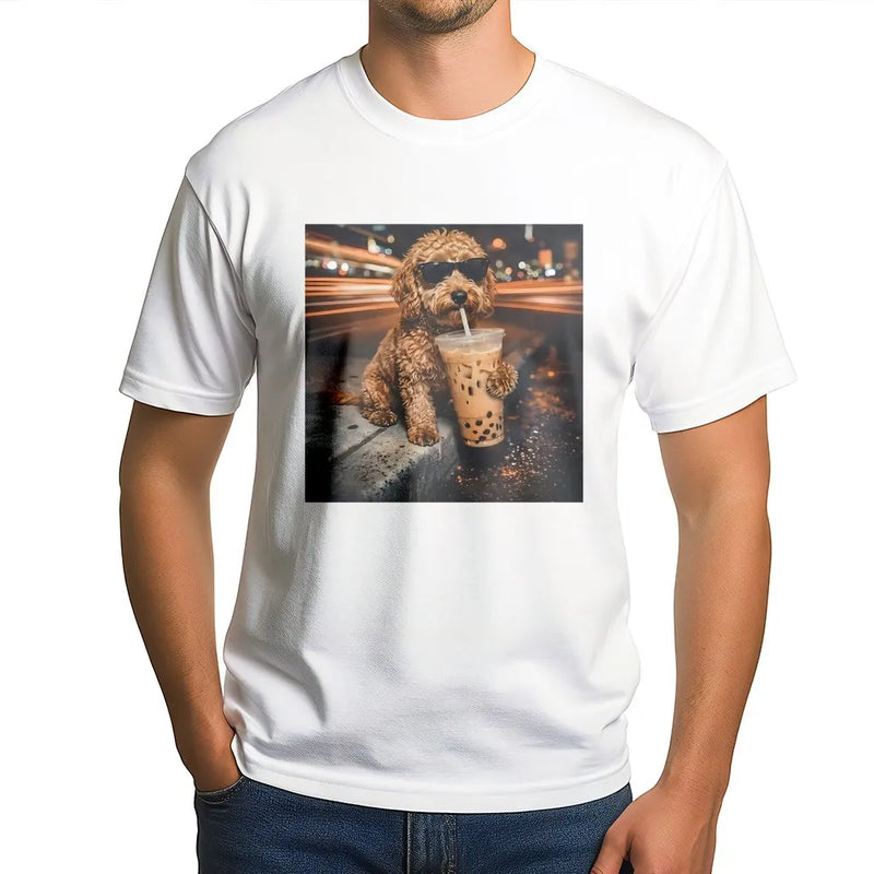 Funny Dog T-Shirt | Poodle with Sunglasses Drinking Boba Tea | Premium Cotton Tee | Unique Gift for Dog Lover