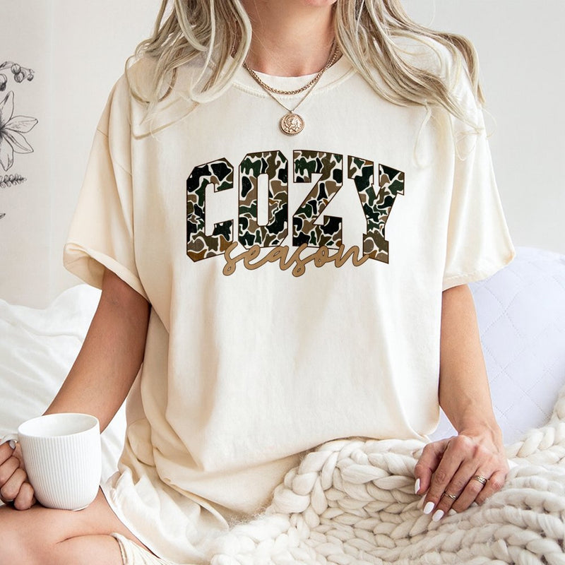 Cozy Season T-Shirt | Camo Print Graphic Aesthetic | Premium 100% Cotton | Fall and Winter Gift for Her
