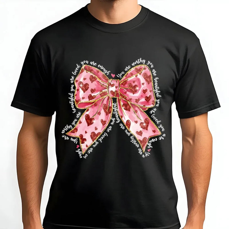 Coquette Heart Bow T-Shirt | Pink Glitter Valentine Aesthetic | Premium Soft Cotton | Self Love Gift For Her