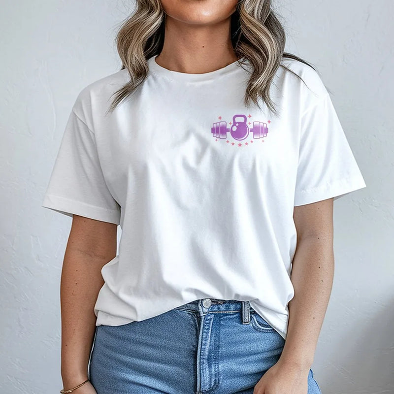 Cute Workout T-Shirt | Kettlebell & Dumbbell Graphic | Premium Cotton Blend | Gift for Women Who Lift