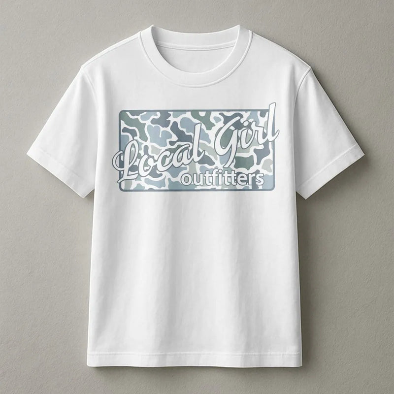 Local Girl Graphic Tee | Blue Camouflage Print Shirt | Soft 100% Cotton | Hometown Pride Gift for Her