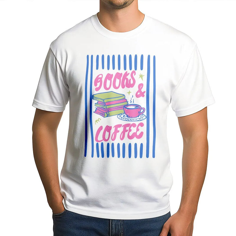 Retro Books and Coffee T-Shirt | Graphic Tee for Bookworms | Premium Soft Cotton | Book Lover and Reader Gift