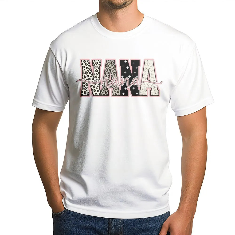 Nana T-Shirt | Leopard Print Mixed Pattern Graphic | Premium Soft Cotton Tee | Mother's Day Gift for Grandma